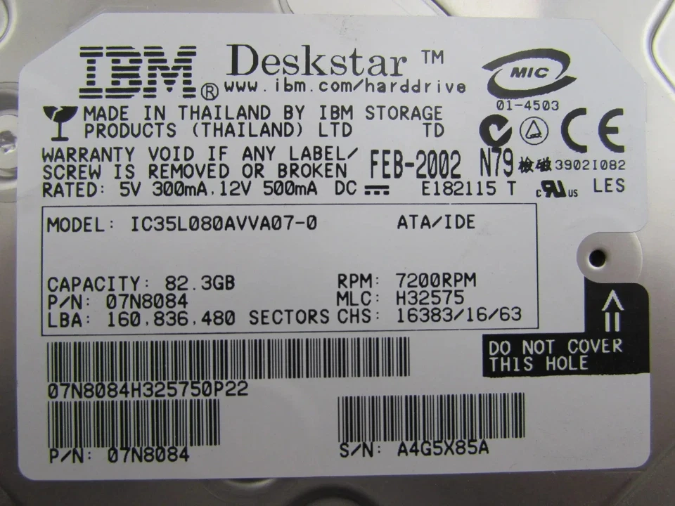 IBM Deskstar IC35L080AVVA07-0 82.3GB 7200 RPM 2MB 3.5″ IDE Hard Drive 07N8084 - Bild 4 von 4