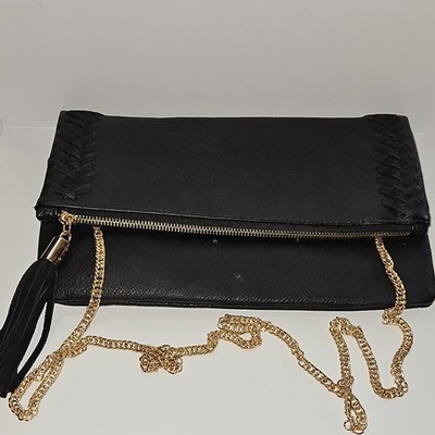 Moda Luxe Black Shoulder Bag, Whipstitch & Tassel, Chain Strap, Zip Closure, Li 