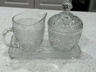 4 pc-Vintage Anchor Hocking Glass Wexford Crystal Creamer & Sugar Bowl with Tray