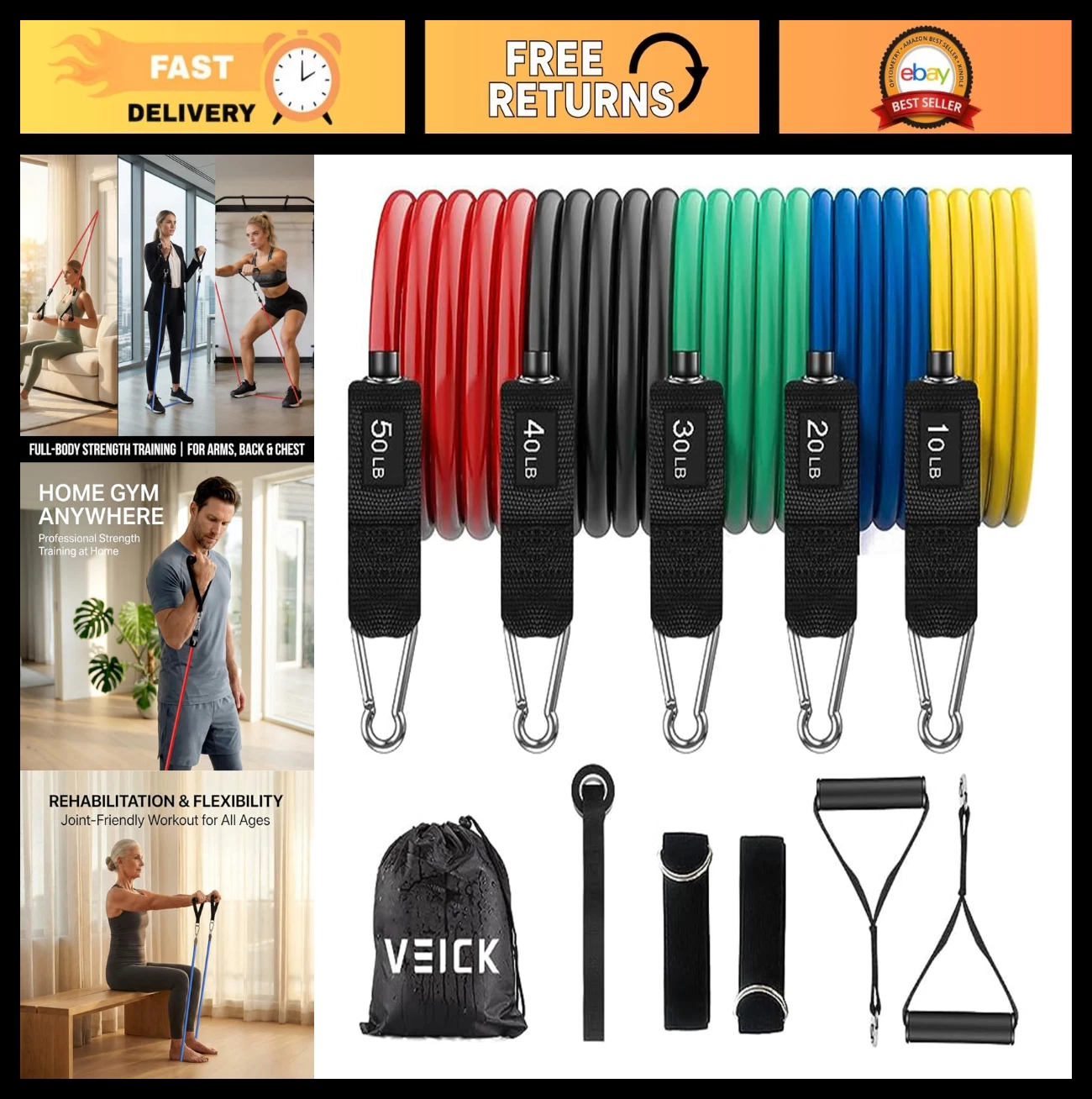 Resistance Bands Set with Handles - Exercise & Workout Bands for Home Fitness