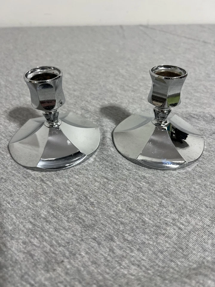 Par de Candelabros Irvinware Vintage Cromo Facetado Hecho en EE. UU. con Caja 2190 Foto 2 de 4