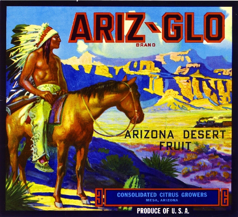 Impresión artística de etiqueta de caja de cítricos naranja Mesa Arizona Ariz-Glo