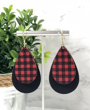 Faux Vegan Leather Red  Black Buffalo Plaid Teardrop Dangle Earrings Checkered