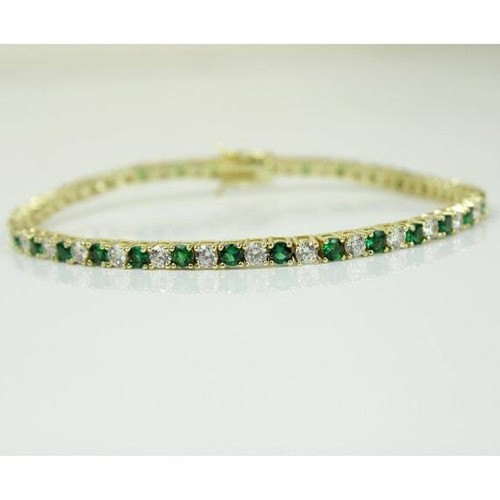 YELLOW GOLD FINISH Created Diamond Emerald Round Cut Tennis Bracelet + Gift Box - Picture 2 of 7
