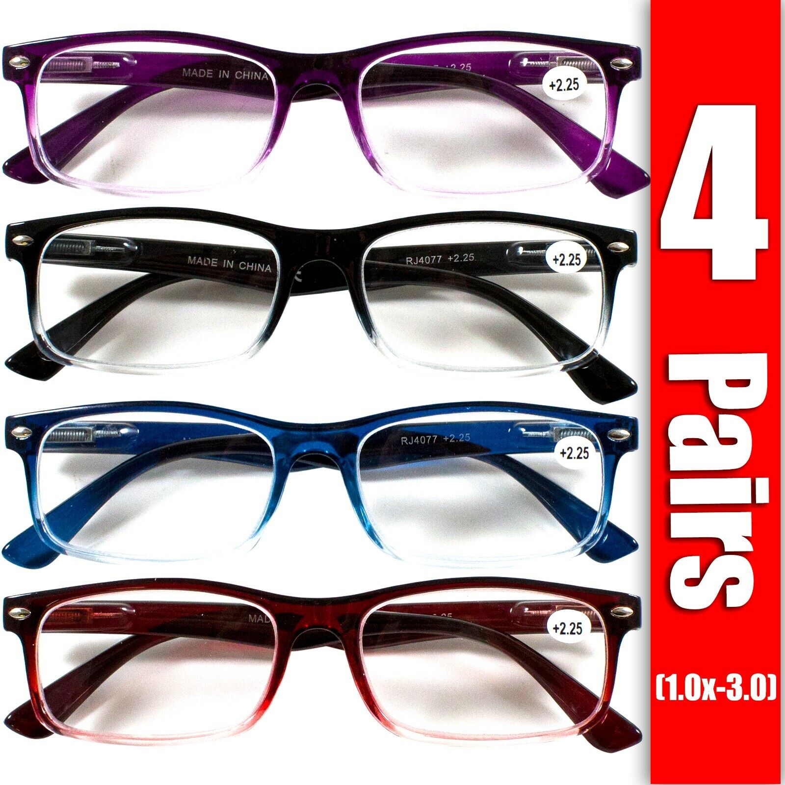 4 Pair Rectangular Spring Hinge Power Reading Reader Glasses For Mens Womens 1-3