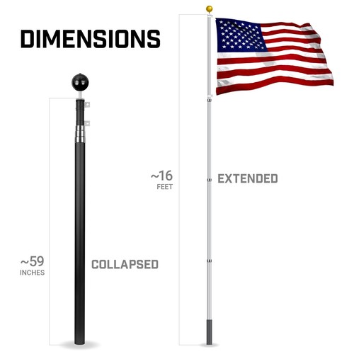 Combo: asta de bandera telescópica de 16 pies negra y estadounidense bandera de EE. UU. 3x5 pies Emb hilada polietileno - Imagen 9 de 9