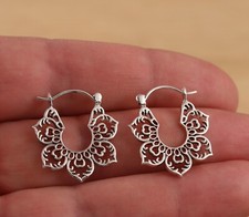 925 Sterling Silver Tribal Hoops Filigree Lotus Leaf Ethnic Marrakesh Earrings 