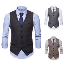 2023 Mens Herringbone Tweed Lapel Wool Waistcoat V-Neck Vest Vintage Suit New
