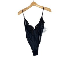 NEW Vintage 90s Rebecca Intimates Small High Cut Black Sheer Lace Bodysuit