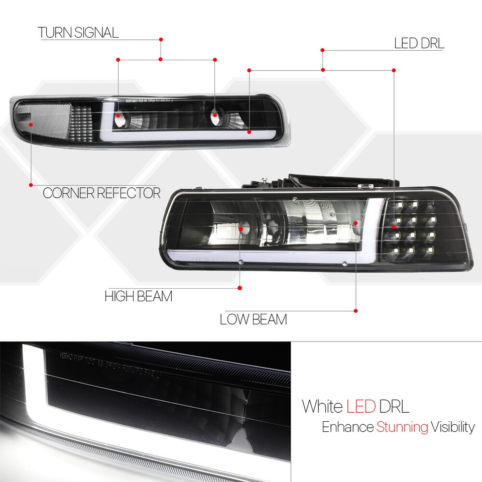 Black/Clear *LED SIGNAL BAR DRL* Headlight Bumper For 99-06 Silverado/Suburban E