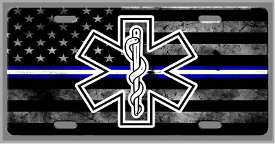 L@@K!  American Flag with EMT Blue an White lines Logo   License Plate, Auto Tag