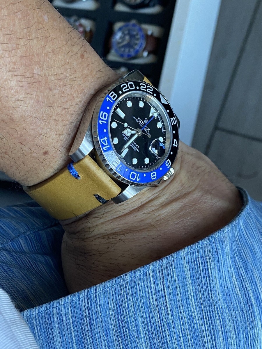 18mm TAN Crazy Horse Leather Watch Straps Batman GMT BLACK & BLUE