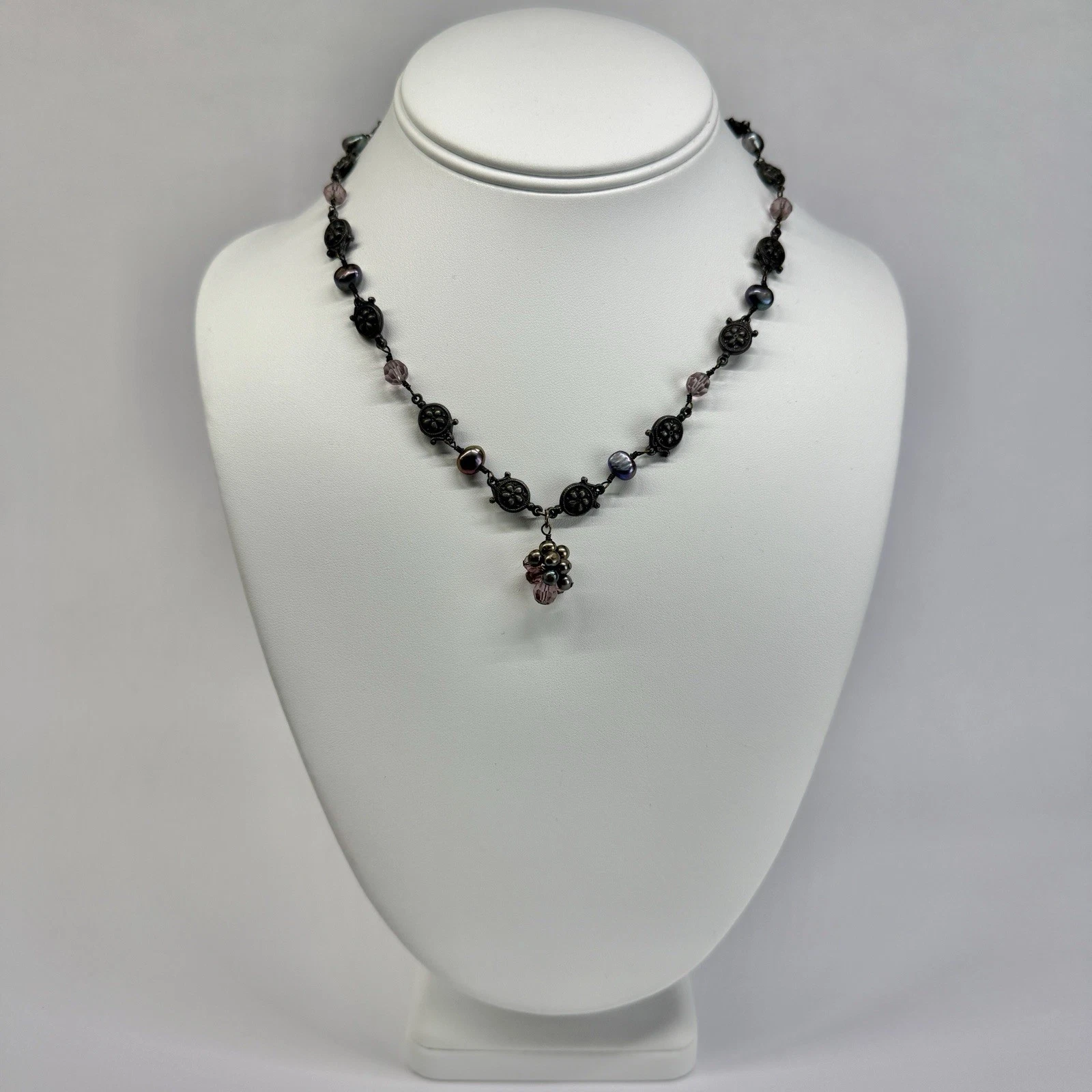KERRI LINDEN Floral Crystal Art Deco Freshwater Pearls Vintage Necklace N716