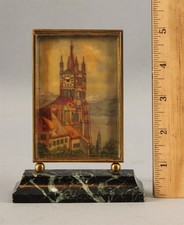 Antique Brass & Black Marble French Clock Tower Miniature Painting Desk Clock