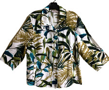CHICO's Size 2 L-12 Zip Jacket W/Palm Fronds Green/Blue 3/4 Sleeve NWOT
