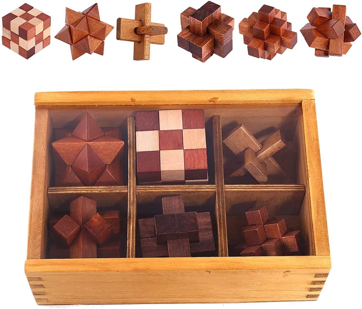 Holzsammlung 6-Piece 3D Wooden Brain Teaser Puzzle Set, 4.5cm IQ Challenge Logic