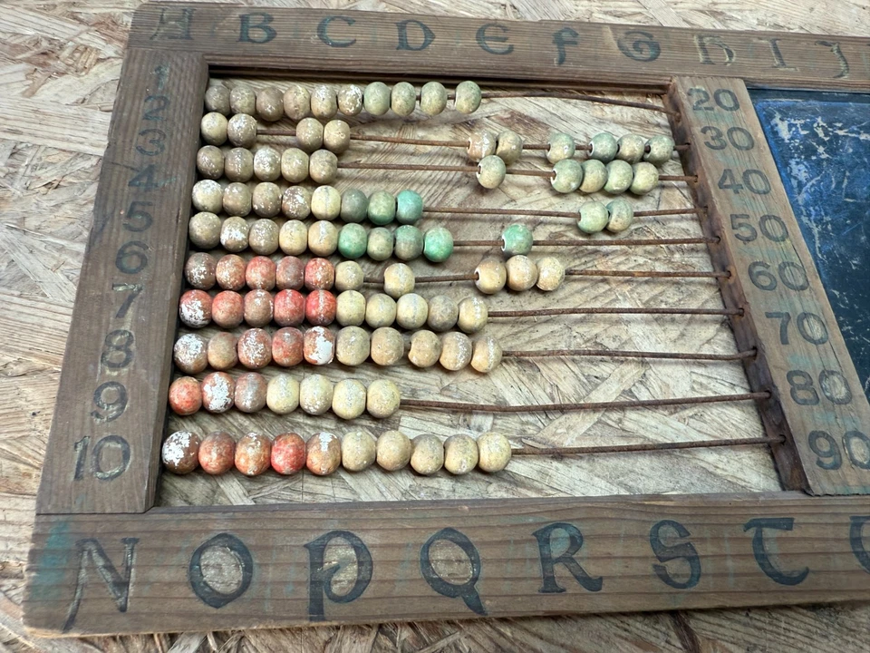 Alter Rechenschieber Abakus m. Schiefertafel Holz Vintage Schulunterricht 1930er - Bild 2 von 4