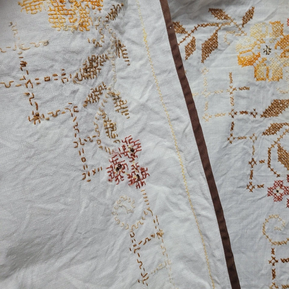 Mantel de Lino Bordado Vintage Floral Punto de Cruz Borde Marrón Cuadrado Foto 2 de 4