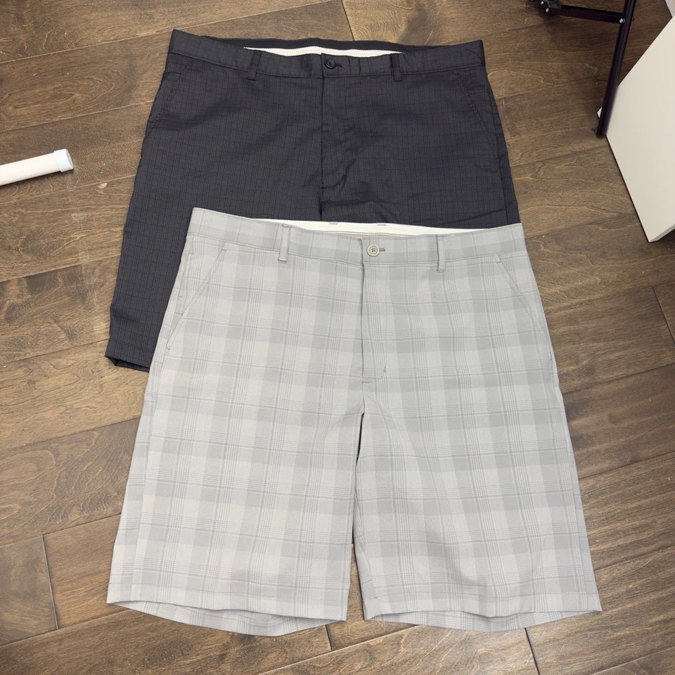 "Lote de 2 pantalones cortos de golf Greg Norman Tasso Elba a cuadros para hombre 40 frente plano 10,5"" gris" Foto 2 de 4