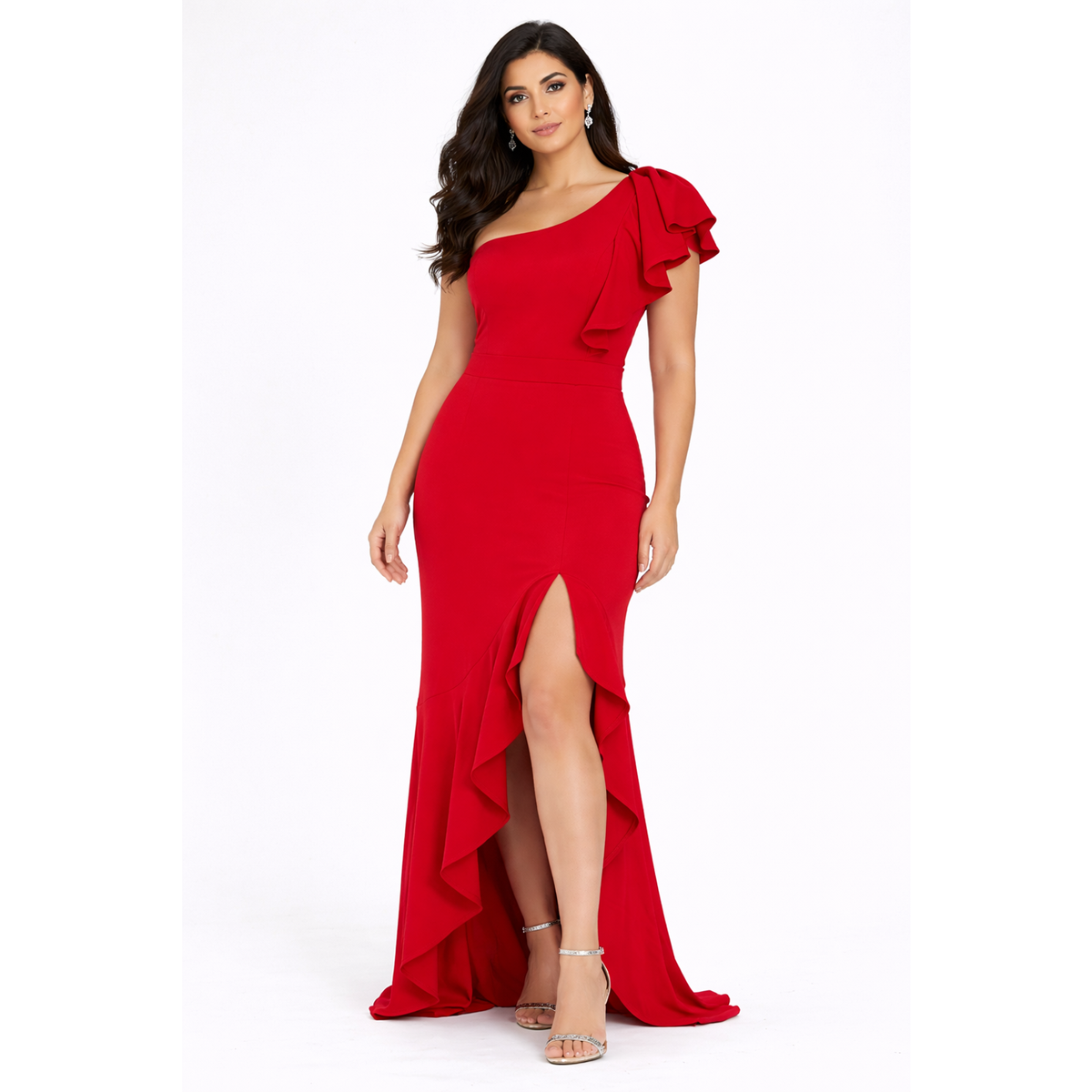 Symphony One Shoulder Ruffle Gown Formal Evening Maxi Dress Size Medium Red  | eBay