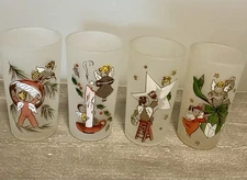 4 Vintage Gay Fad Frosted  Christmas Drinking Glasses~ Federal Glass