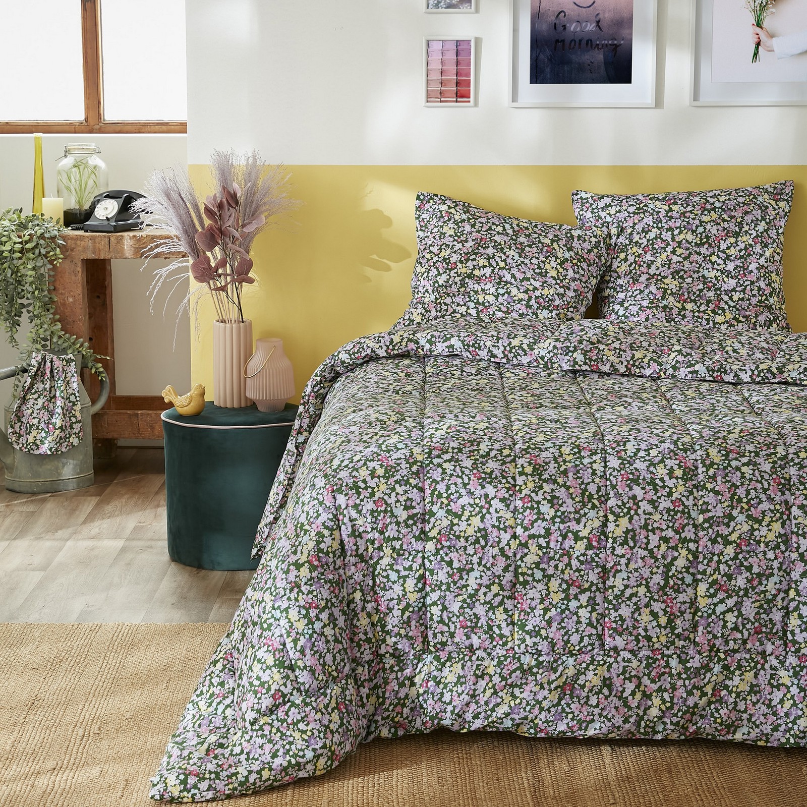 Couette imprimée 220x240 cm en coton Myosotis contre la transpiration nocturne avec taies