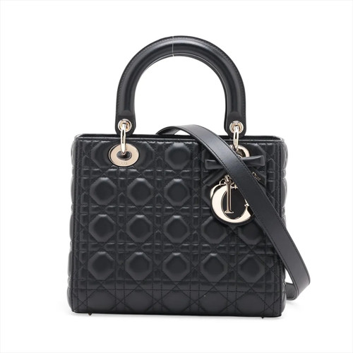 Christian Dior Cannage Lady Dior Leather 2 Way Handbag Black Lucky star