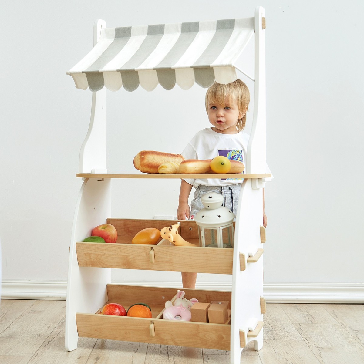 Kids Wooden Toy Shop Kids Role Play Shop Market Stand with Canopy