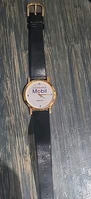 Vintage Mobil Oil Watch Gold/White Leather Band Needs Battery Promotional Image