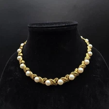 Napier Gold Tone Faux Pearl Necklace X O Link Vintage Costume Jewelry