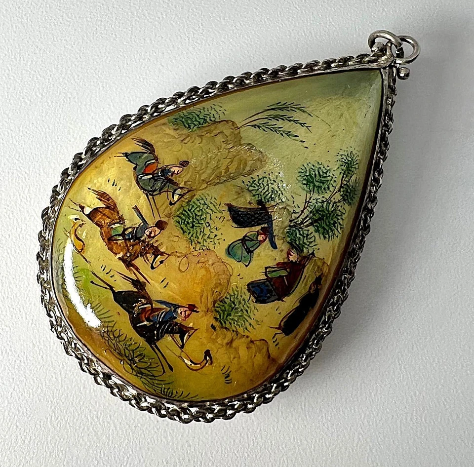 Antiker Perlmutt Anhänger Miniaturmalerei Vögel Jagdszene Handbemalt Sammler - Bild 4 von 4