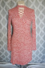 Womens RED WHITE L/S DRESS Stretch Knit STRAPPY CHOKER V-NECK Form Fit S 4-6