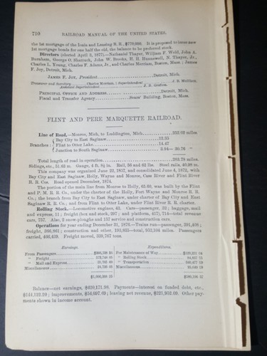 1878 original train report FLINT & PERE MARQUETTE RAILROAD Monroe Luddington MI