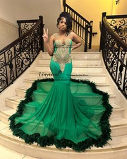 Luxury Greeen Mermaid Prom Dress Rhinestones Beaded Feathers Bithday Party Gowns