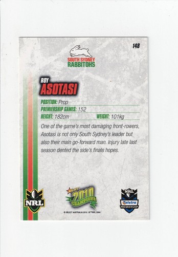2010 Select NRL Champions Rugby League Roy Asotasi #148 (Souths Rabbitohs) - Picture 2 of 2