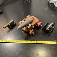 3x Miniature Tiny Small Cannon Cannons Canon Lot - All Metal 1 With Wood Base