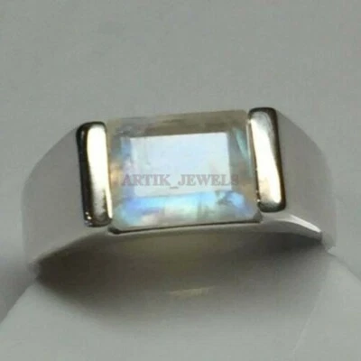 Natural Rainbow Moonstone with Gold Plated Silver Ring for Men's #1071 - Image 1 of 4