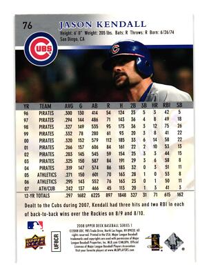 2008 Upper Deck #76 Jason Kendall Chicago Cubs | eBay