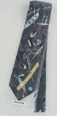 New Parquet Necktie - Doctor - Black w/Stethoscope, Pills, Tongue Depressor +