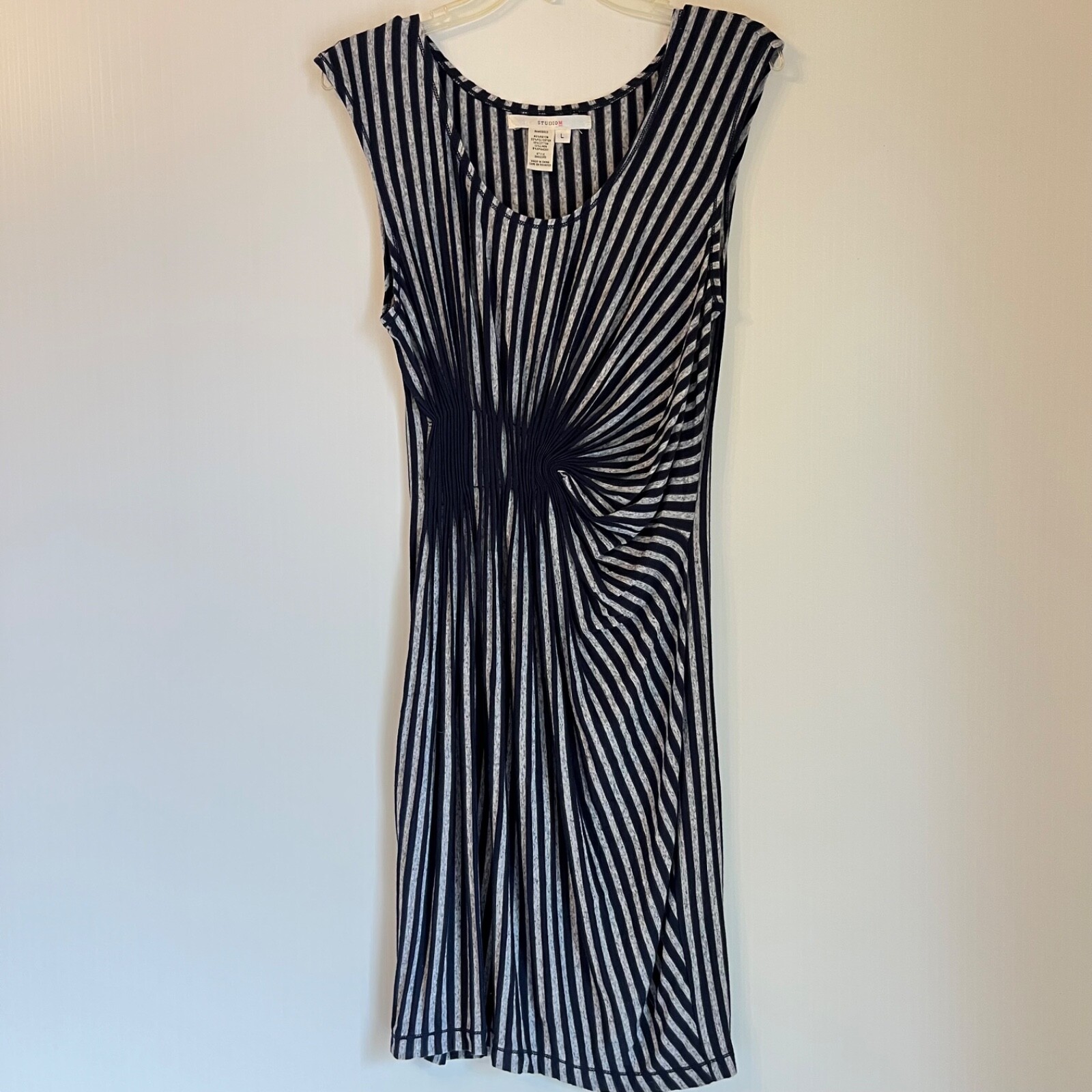 Women’s Navy Gray Stripe Twist Front Midi Dress L Stretch Cap Sleeve Soft Knit