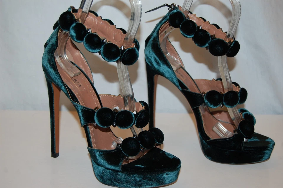 37.5/7.5❤️$1800 ALAIA Bombe SANDÁLIAS PLATAFORMA SALTO ALTO COURO VELUDO VERDE - Imagem 4 de 4