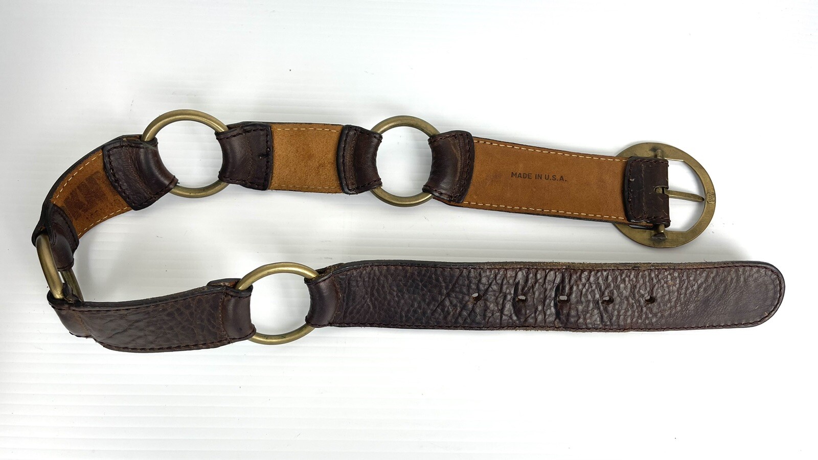 RARE Vtg 80s 90s DKNY Brown Leather Harness Belt Brass  display picture 3