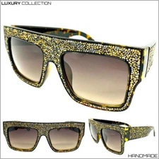 OVERSIZED EXAGGERATED Retro SUNGLASSES Thick Square Frame Bronze & Gray Crystals