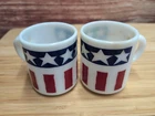 Vtg Glasbake Milk Glass Stars & Stripes Red Wht Blue Mug USA American Flag Qty 2