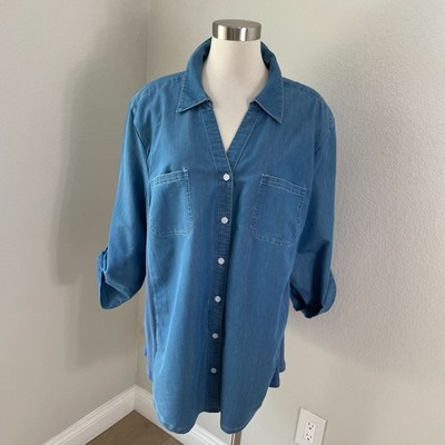 Croft & Barrow Womens Plus 3X Denim Button Up Shirt Pockets Roll Tab Sleeve Top
