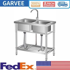 33" x 18" x 30" Stainless Steel Utility Sink Free Standing Double Bowl Sink