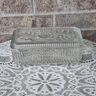 Vintage Federal Glass ribbed refrigerator dish with a fruit-embossed lid.