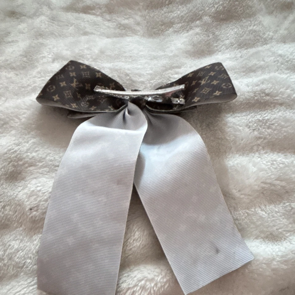Women’s Brown Monogram Ribbon Bow Hair Clip with Metal Clasp, Designer Theme - Image 4 of 4