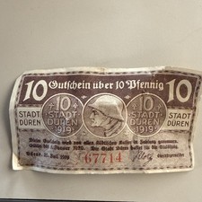 1919 GERMAN NOTGELD STADT DUREN-GERMAN SOLDIER-10 PFENNIG NOTE-EMERGENCY MONEY