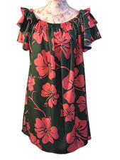 Hawaiian Tropical Dress Dark Green with Dark Pink Hibiscus Flower Print